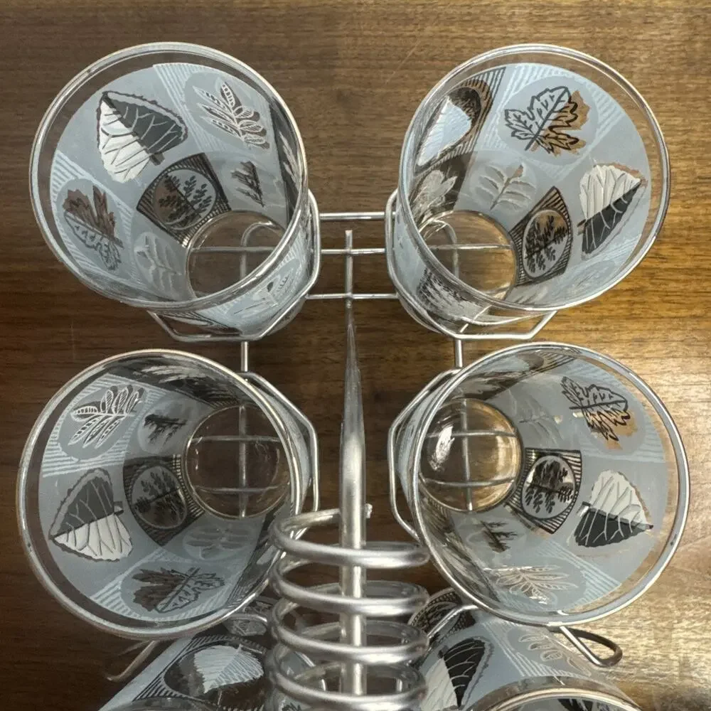 Set of 8 Vintage Libbey Highball Glass Tumblers w/ Metal Caddy Aqua Silver Leaf